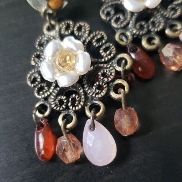 Boho Bronze Beaded Flower Drop Dangle Earrings - Picture 3 of 6